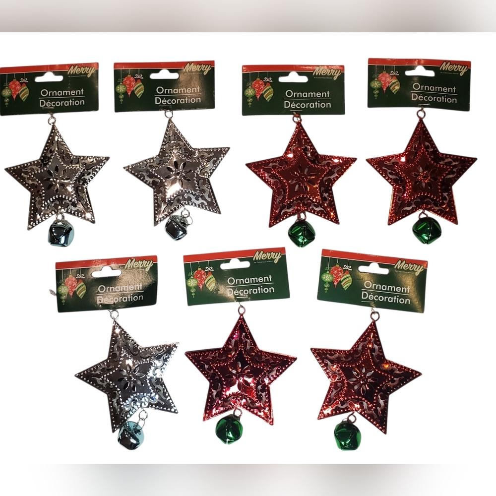 Metal Star Bell Ornament Lot Christmas Silver Red Ornaments Holiday Decor